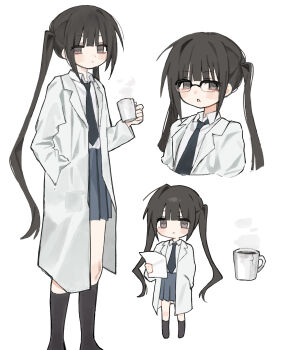 1girl absurdres black-framed_eyewear black_hair black_necktie black_shoes closed_mouth coffee_mug collared_shirt commentary cup grey_eyes highres juumou_(c5buf) lab_coat long_hair mug multiple_views necktie original parted_lips pleated_skirt shirt shoes simple_background skirt twintails white_background white_shirt