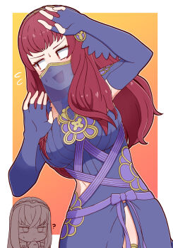 2girls ? alternate_costume amagumo1023 azura_(fire_emblem) azura_(fire_emblem)_(cosplay) azura_(lady_of_ballads)_(fire_emblem) black_dress border chibi clothing_cutout commentary_request commission cosplay crossed_bangs dress female_alear_(fire_emblem) fingerless_gloves fire_emblem fire_emblem_engage fire_emblem_fates fire_emblem_heroes flying_sweatdrops gloves hair_between_eyes highres long_hair looking_to_the_side mouth_veil multiple_girls nintendo open_mouth outside_border panties panty_peek purple_panties purple_veil red_eyes red_hair see-through_clothes see-through_veil simple_background skeb_commission smile sweat underwear veil white_border yellow_background yunaka_(fire_emblem)