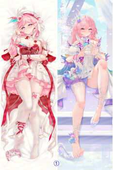 2girls aqua_hair beret blush breasts cirnos cleavage commentary_request company_connection controller cyrene_(honkai:_star_rail) cyrene_(ripples_of_past_reverie)_(honkai:_star_rail) dakimakura_(medium) diamond-shaped_pupils diamond_(shape) dress earrings elf elysia_(hi_love_elf)_(honkai_impact) elysia_(honkai_impact) flower game_controller hair_flower hair_ornament hat heart heart_hands high_heels highres honkai:_star_rail honkai_(series) honkai_impact_3rd inoue_marina jewelry large_breasts long_hair lying merchandise_available multicolored_hair multiple_girls on_back panties pink_hair pink_panties pointy_ears purple_eyes purple_panties red_dress single_bare_foot single_hiphigh smile soles symbol-shaped_pupils thighhighs toes two-tone_dress two-tone_hair underwear very_long_hair voice_actor_connection white_dress white_hair white_thighhighs yanning