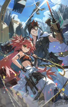 1boy 1girl absurdres ahoge animal_ears anton_ivanov bare_shoulders black_gloves black_hair black_shirt breasts bum_hico construction_site crop_top drill eyepatch fake_animal_ears fingerless_gloves gloves grinding hair_between_eyes highres holding jacket koleda_belobog long_hair looking_at_viewer midriff multicolored_hair pants red_eyes red_hair shirt sleeveless small_breasts spiked_hair teeth twintails white_jacket zenless_zone_zero