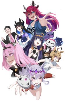 Rule 34 | 1boy, 6+girls, animal ears, black hair, blonde hair, blue hair, bow, breasts, brown hair, cosplay, derivative work, double halo, dress, ear covers, ear ornament, ear ribbon, everyone, gigi murin, grey hair, hair ornament, halo, heterochromia, highres, hololive, hololive english, holomyth, horns, horse ears, horse girl, horse tail, horseshoe ornament, iggy2077, irys (hololive), joints, kemonomimi mode, koseki bijou, long hair, mori calliope, multicolored hair, multiple girls, nerissa ravencroft, ninomae ina'nis, open mouth, original race uniform (umamusume), pants, pink eyes, pink hair, ponytail, purple eyes, purple hair, purple shirt, red eyes, red hair, sailor collar, sailor shirt, school uniform, shirt, short hair, smile, streaked hair, tail, tracen school uniform, tracen training uniform, twintails, umamusume, umamusume: beginning of a new era, virtual youtuber, white shirt, yagoo