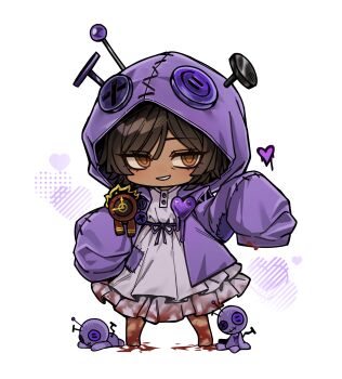 1girl 1mingk absurdres barefoot blood blood_on_clothes blood_on_feet buttons character_doll commentary dante_(limbus_company) doll dress e.g.o_(project_moon) frilled_dress frills full_body grin heart highres hood hood_up hooded_jacket i'll_go_fer_scissors._how_'bout_you?_(e.g.o) jacket limbus_company outis_(project_moon) project_moon purple_jacket simple_background smile solo symbol-only_commentary white_background white_dress