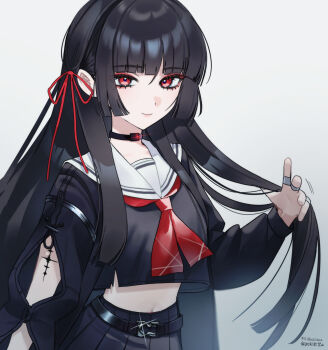 1girl arm_cutout black_choker black_hair black_serafuku black_shirt black_skirt chisa_(wuthering_waves) choker closed_mouth clothing_cutout commentary_request crop_top hair_ribbon highres hime_cut long_hair long_sleeves looking_at_viewer neckerchief partial_commentary red_eyes red_neckerchief red_ribbon ribbon sailor_collar school_uniform serafuku shirt skirt smile solo tacet_mark_(wuthering_waves) ume_(yuuki-110813) white_sailor_collar wuthering_waves