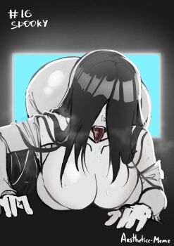 1girl absurdres aestheticc-meme artist_name ass big_cleavage black_hair bottomless breasts catered3214 cleavage colored curvy female_focus ghost ghost_girl hanging_breasts highres huge_ass huge_breasts long_hair the_ring third-party_edit yamamura_sadako