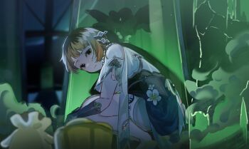 1girl black_eyes black_gloves blonde_hair blue_dress cake_cat_(honkai:_star_rail) capelet chinese_clothes cosplay dress elbow_gloves emi_lo floral_print flower gloves hair_ornament highres honkai:_star_rail honkai_(series) indoors jewelry kanako_(fuwachu) looking_at_viewer molten_cheese_tart_(honkai:_star_rail) necklace pearl_necklace plum ruan_mei_(honkai:_star_rail) ruan_mei_(honkai:_star_rail)_(cosplay) short_hair solo stasis_tank voice_actor_connection white_capelet white_flower