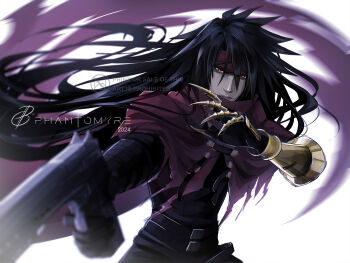 1boy artist_name black_hair cape clawed_gauntlets cloak closed_mouth commentary english_commentary fighting_stance final_fantasy final_fantasy_vii final_fantasy_vii:_ever_crisis floating_cape gauntlets gun hair_between_eyes highres holding holding_gun holding_weapon long_hair looking_at_viewer male_focus phantomyre red_cape red_cloak red_eyes signature single_gauntlet solo spiked_hair torn_cape torn_clothes upper_body vincent_valentine weapon