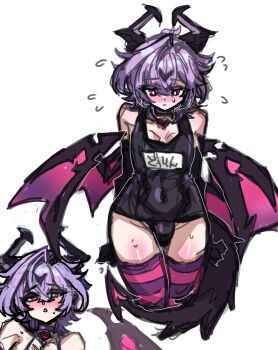 1boy alternate_costume bulge commentary_request dragon_boy dragon_horns dragon_tail dragon_wings durin_(genshin_impact) genshin_impact haoro highres horns male_focus messy_hair navel purple_eyes purple_hair school_swimsuit short_hair simple_background sketch sweatdrop swimsuit tail trap two-sided_horns white_background wide_hips wings