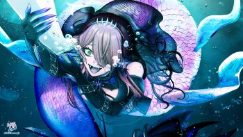 1girl absurdres badteenosgt black_gloves black_lips breasts bubble commentary commission elbow_gloves english_commentary eyelashes fins gloves grabbing_another's_arm green_eyes grey_hair hair_over_one_eye head_fins heavy_metal_may highres indie_virtual_youtuber mermaid monster_girl musical_note musical_note_print open_mouth skeb_commission twitter_username virtual_youtuber water