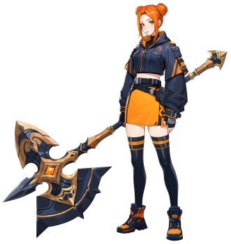 1girl absurdres axe belt black_belt black_jacket black_shoes black_thighhighs cropped_jacket double_bun fingerless_gloves full_body glasses gloves hair_bun highres holding holding_axe hood hooded_jacket jacket looking_at_viewer midriff multicolored_shoes official_art orange_eyes orange_hair orange_shoes orange_skirt shimizu_akari shoes simple_background skirt solo solo_leveling solo_leveling:_arise thighhighs two-tone_shoes white_background