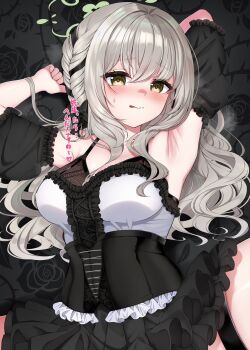 1girl :q armpits arms_up bare_shoulders black_dress blue_archive blush breasts cleavage detached_sleeves dress flower frills grey_hair highres large_breasts long_hair looking_at_viewer lying miyo_(blue_archive) on_back rose sen_chan_(akane1023) solo tongue tongue_out yellow_eyes