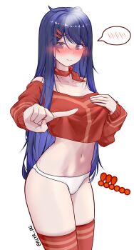 1girl @_@ absurdres blue_eyes blue_hair blush breasts closed_mouth covering_breasts covering_privates crop_top crop_top_overhang cropped_shirt diguo_keran_wu embarrassed feet_out_of_frame fingernails hair_ornament hairclip highres kind_mita_(miside) long_hair looking_at_viewer medium_breasts meme miside mita_(miside) mixed-language_commentary navel no_pants nose_blush one_finger_selfie_challenge_(meme) panties red_shirt red_thighhighs shirt simple_background solo spoken_blush standing thighhighs thighs underwear white_background white_hair white_panties