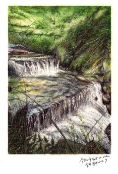 absurdres baden_hiroshi border colored_pencil_(medium) commentary_request dated day highres kyoto no_humans original outdoors real_world_location river scenery traditional_media water waterfall white_border