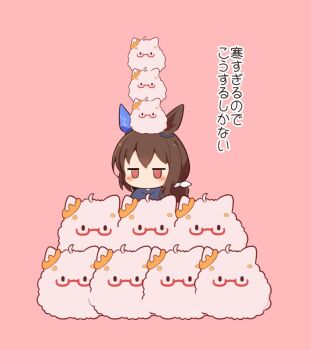 1girl admire_vega_(umamusume) biwa_hayahide_(umamusume) blue_shirt blush brown_hair chibi chibi_only commentary_request ear_covers gomashio_(goma_feet) hair_ribbon jitome long_hair no_mouth on_head pink_background red_eyes ribbon shirt simple_background single_ear_cover translation_request umamusume white_ribbon