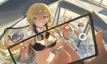 Rule 34 | 1girl, 1other, absurdres, black bra, black nails, blonde hair, blue eyes, bra, breasts, cellphone, cleavage, commentary, hair ornament, headphones, headphones around neck, highres, holding, holding phone, indoors, large breasts, liudaohai6001, long hair, looking at viewer, lynae (wuthering waves), multicolored hair, phone, pov, pov hands, shirt, skull hair ornament, smartphone, streaked hair, taking picture, underwear, white shirt, wuthering waves