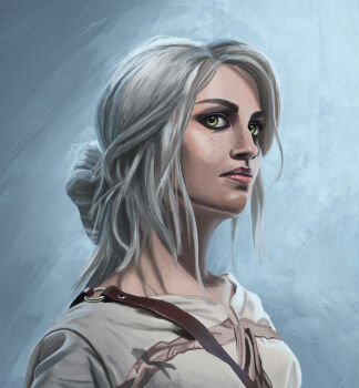 1girl ciri green_eyes grey_background highres loicrobert looking_at_viewer portrait shirt solo the_witcher_(series) the_witcher_3 white_hair white_shirt