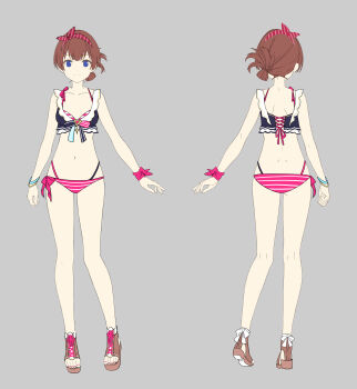 1girl a-pose absurdres asymmetrical_clothes bangle belt bikini bikini_skirt bikini_under_clothes bikini_under_skirt blue_bikini blue_eyes boots bow bow_headband bracelet brown_hair commentary_request front-tie_bikini_top front-tie_top highleg highleg_bikini highres hololive hololive_summer_2023_swimsuit jewelry layered_bikini naka official_alternate_costume open-toe_boots reference_sheet straight-on striped_bikini striped_clothes swimsuit thigh_strap tokino_sora variations virtual_youtuber white_belt white_bikini