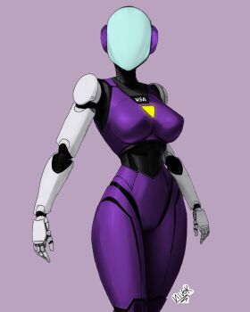 1girl android armor breastplate breasts colored_skin faceless faceless_female highres joints kevio_nivek large_breasts machine narrow_waist no_eyes no_mouth no_nose non-web_source original purple_armor purple_background purple_skin robot robot_girl robot_joints science_fiction self-upload simple_background solo standing thighs yellow_light