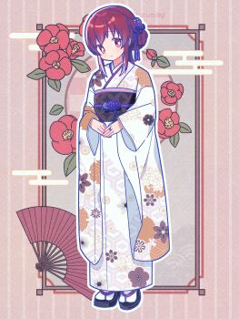 Rule 34 | 1girl, absurdres, amane tsukuyo, black sandals, black sash, blush, bright pupils, brown background, closed mouth, commentary request, floral print, floral print kimono, flower, full body, hair ribbon, hand fan, highres, japanese clothes, kimono, long sleeves, looking at viewer, magia record: mahou shoujo madoka magica gaiden, mahou shoujo madoka magica, obi, okobo, platform sandals, print kimono, red eyes, red flower, red ribbon, ribbon, ruru (rurumagi), sandals, sash, sidelocks, smile, socks, solo, standing, striped background, tabi, twitter username, vertical-striped background, white kimono, white pupils, white socks, wide sleeves