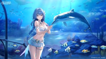 1girl aether_gazer aquarium artist_request bikini blue_eyes blue_hair bracelet breasts bubble character_request cleavage closed_mouth clownfish copyright_name copyright_notice dolphin dolphin_hair_ornament fish highres jewelry long_braid long_hair manta_ray miniskirt moorish_idol navel official_art pleated_skirt second-party_source skirt smile solo stomach swimsuit white_bikini white_skirt