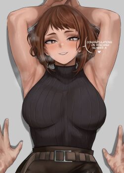 1boy 1girl armpits arms_up belt black_shirt blush boku_no_hero_academia breasts brown_belt brown_eyes brown_hair brown_pants english_text grey_background highres kalennoir large_breasts lying midoriya_izuku non-web_source on_back pants scar scar_on_hand second-party_source shirt short_hair simple_background sleeveless sleeveless_turtleneck smile source_request steam sweat turtleneck uraraka_ochako