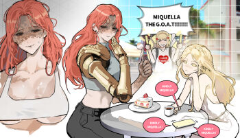 Rule 34 | 1boy, 2girls, absurdres, androgynous, averting eyes, bare shoulders, black eyes, black pants, blonde hair, braid, breasts, brother and sister, cake, cake slice, cellphone, coffee, coffee mug, colored eyelashes, commentary, contemporary, crop top, cropped torso, cup, drooling, eating, elden ring, elden ring: shadow of the erdtree, english commentary, english text, food, half-closed eyes, heart, heart print, highres, holding, holding food, large breasts, long hair, malenia blade of miquella, midriff, miquella (elden ring), mouth drool, mug, multiple girls, multiple views, needle knight leda, pants, park ongjol, phone, plate, print shirt, prosthesis, prosthetic arm, red hair, round table, shirt, siblings, sitting, sleeveless, sleeveless turtleneck, speech bubble, sweatdrop, sword, sword on back, table, trap, turtleneck, twins, unusually open eyes, weapon, weapon on back, white pants, white shirt