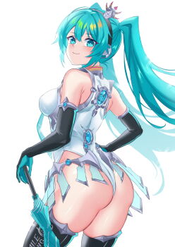 1girl aqua_eyes aqua_hair ass bare_shoulders blush breasts elbow_gloves from_behind gloves hair_ornament hatsune_miku highres inue_ao leotard long_hair looking_at_viewer medium_breasts sideboob smile solo thick_thighs thighhighs thighs thong thong_leotard twintails very_long_hair vocaloid