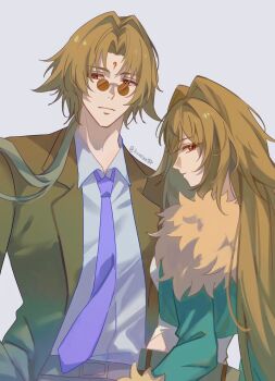1boy 1girl belt brother_and_sister brown_hair brown_jacket closed_mouth commentary droopy_ears english_commentary facial_mark forehead_mark from_side fur-trimmed_jacket fur-trimmed_sleeves fur_trim glasses green_jacket grey_background highres jacket kuro_lee long_hair looking_at_viewer looking_to_the_side necktie official_alternate_costume purple_necktie red_eyes round_eyewear shirt siblings sideways_glance twitter_username upper_body very_long_hair white_shirt ye_shiyuan ye_shunguang zenless_zone_zero