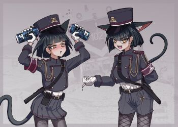2girls alcohol animal_ears arm_behind_back bags_under_eyes belt black_hair blue_archive brassard cat_ears cat_tail cigarette commentary cosplay drooling drunk english_commentary extra_ears four_loko gloves hat highres hikari_(blue_archive) hikari_(blue_archive)_(cosplay) keyring leggings looking_at_viewer multiple_girls nozomi_(blue_archive) nozomi_(blue_archive)_(cosplay) original pantyhose razpaz shako_cap shirt shirt_tucked_in shorts skirt smile smoking spanish_commentary tail torn_clothes torn_pantyhose walkie-talkie white_gloves white_shirt yellow_eyes