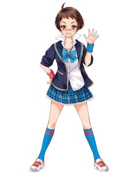 1girl bandaid bandaid_on_face bandaid_on_nose blue_bow blue_bowtie blue_skirt blue_socks bow bowtie brown_hair full_body girlfriend_(kari) green_eyes jacket looking_at_viewer minaguchi_eri miniskirt official_art plaid_clothes plaid_skirt pleated_skirt qp:flapper school_uniform shirt shoes simple_background skirt socks solo thighs transparent_background white_shirt wristband