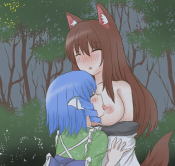 Rule 34 | 2girls, animal ear fluff, animal ears, blue hair, blush, breasts, brown hair, commentary request, eyebrows hidden by hair, fins, forest, fox ears, fox girl, fox tail, green kimono, hand on another's arm, head fins, highres, imaizumi kagerou, japanese clothes, kimono, large breasts, licking, licking nipple, long hair, multiple girls, nature, nipple stimulation, noutaru (masayaichinl), short hair, tail, touhou, wakasagihime, yuri