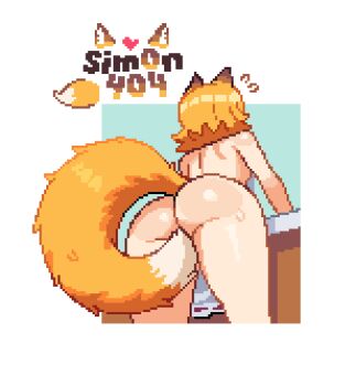 1girl animal_ears apron artist_name ass between_legs blonde_hair commentary cowboy_shot english_commentary flying_sweatdrops fox_ears fox_girl fox_tail from_behind from_below highres naked_apron pixel_art senko_(sewayaki_kitsune_no_senko-san) sewayaki_kitsune_no_senko-san short_hair sim0n404 simple_background solo tail tail_between_legs