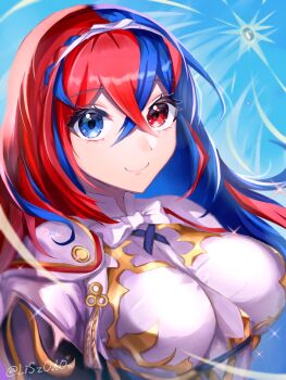 blue_eyes blue_hair bow braid breasts crossed_bangs crown_braid female_alear_(fire_emblem) fire_emblem fire_emblem_engage hair_between_eyes heterochromia highres jewelry large_breasts long_hair multicolored_hair nintendo red_eyes red_hair ring shine smile watermark white_bow youhei_choregi