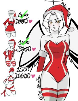 1girl alternate_costume angel_wings breasts commentary cowboy_shot english_commentary groin halo hat hazbin_hotel heart hellaverse highres jes_sicajerr large_breasts leotard lute_(hazbin_hotel) naked_ribbon orange_eyes parted_bangs red_hat red_leotard red_ribbon red_thighhighs ribbon santa_costume short_hair striped_clothes striped_thighhighs thighhighs twitter_strip_game white_hair white_thighhighs wings