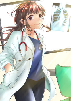 1girl absurdres black_pants blue_shirt brown_eyes brown_hair chair clip_studio_paint_(medium) closed_mouth coat cowboy_shot doctor hand_in_pocket hands_in_pockets highres hospital indoors lab_coat long_hair long_sleeves looking_at_viewer low_ponytail office_chair open_clothes open_coat original pants ponytail poster_(object) shirt sidelocks skeleton smile solo standing stethoscope swivel_chair tamotamo_house white_coat