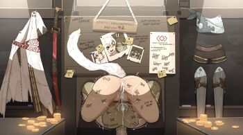 2girls after_anal after_rape after_vaginal aftersex amaterasu_okami_(doggoxiv) ass au_ra bdsm body_writing bondage bound cat_tail coin cum cum_in_ass cum_in_pussy cum_on_ass cum_on_body cumdrip double_v dragon_horns dragon_tail english_text female_focus final_fantasy final_fantasy_xiv food from_behind green_eyes green_hair grin head_out_of_frame highres horns ice_cream indoors licking lower_body miqo&#039;te multiple_girls nude open_clothes photo_(object) public_use red_eyes scales senkatsu_shino shuuko_(s_h_uuko) smile spread_legs square_enix stuck sword tail tail_raised tally through_wall tongue tongue_out trembling unworn_clothes unworn_legwear v warrior_of_light_(ff14) weapon white_hair white_horns white_scales white_tail