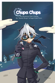 1boy archived_source black_cape black_gloves black_hairband black_horns black_mask black_pants black_shirt black_sleeves blue_background blue_eyes border buckle building cape closed_mouth cloud collared_shirt commentary commentary_request cowboy_shot domino_mask english_commentary eye_mask facing_viewer fake_horns gloves hair_between_eyes hairband hand_on_own_hip high_collar holding holding_test_tube horn_hairband horns korean_commentary legs_apart long_arms long_bangs long_sleeves lowres male_focus mask milktea_(aoiexk) original outline pants photoshop_(medium) shadow sharp_teeth shirt short_cape short_hair smile solo standing teeth test_tube very_big_eyes white_border white_hair white_outline zipper_pull_tab