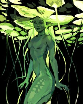 1girl absurdres black_background colored_skin commentary duckweed english_commentary glowing glowing_hair green_eyes green_skin highres long_hair looking_at_viewer mermaid monster_girl nude original painterly plant_hair simple_background solo twulfs very_long_hair worried