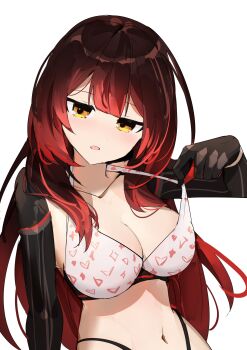 1girl absurdres blush bra breasts brown_hair carternanmen heart highres hololive long_hair looking_at_viewer multicolored_hair navel roboco-san solo underwear virtual_youtuber yellow_eyes