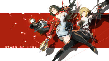 2girls absurdres astra_yao bangboo_(zenless_zone_zero) bare_shoulders black_hair black_pants black_shoes blonde_hair breasts camera cleavage commentary dress english_commentary english_text esnowg evelyn_chevalier expressionless gloves hair_intakes hairband high_heels highres holding holding_camera looking_at_viewer multiple_girls pants partially_fingerless_gloves purple_eyes red_eyes red_shrug shoes shrug_(clothing) smile snap_(zenless_zone_zero) string white_dress white_hairband zenless_zone_zero