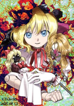 1girl abstract_background aqua_background blonde_hair blue_eyes clenched_hand cropped_torso dated doll doll_joints dot_nose dress eyelashes frilled_gloves frills gloves hair_between_eyes happy hat holding holding_doll joints kaigen_1025 looking_at_viewer medicine_melancholy mob_cap neck_ribbon open_mouth red_dress red_ribbon ribbon shirt shirt_under_dress short_hair short_sleeves signature single_glove smile solo touhou wavy_hair white_gloves white_shirt