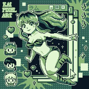 absurdres animal_print blush cursor floating heart highres horns inuyasha inuyasha_(character) kaipixelart long_hair looking_at_viewer lum pixel_art ranma_1/2 retro_artstyle saotome_ranma signature sparkle tiger_print urusei_yatsura window_(computing)