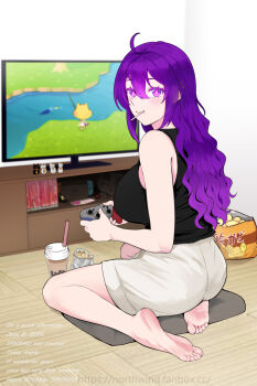 1girl absurdres ass barefoot beifeng_han blush breasts bubble_tea candy chips_(food) controller feet food game_controller highres large_breasts lollipop long_hair looking_at_viewer miyaura_sanshio original potato_chips purple_eyes purple_hair soles toes