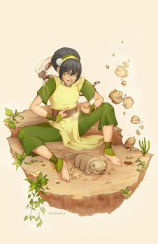1girl absurdres ankle_cuffs artist_name avatar:_the_last_airbender avatar_legends barefoot black_hair blind dansialz element_bending floating_rock geokinesis green_pants hair_bun hairband highres lemur momo_(avatar) pants plant rock short_sleeves simple_background single_hair_bun smile solo toph_beifong