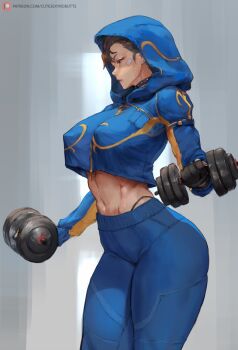 1girl abs artist_name breasts capcom chun-li cowboy_shot crop_top cutesexyrobutts dumbbell exercising feet_out_of_frame highleg highleg_panties highres hood hoodie large_breasts midriff navel panties pants patreon_logo solo street_fighter sweat sweatpants thong underwear workout_clothes