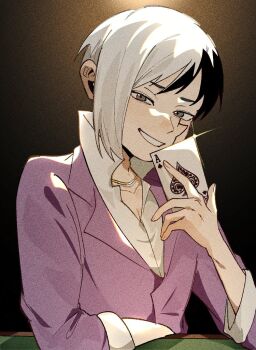 0a_9_(pixiv82791714) 1boy ace_(playing_card) ace_of_spades asagiri_gen black_background black_eyes black_hair card dr._stone grey_eyes grin hand_up high_collar holding holding_card jacket jewelry long_sleeves looking_at_viewer male_focus multicolored_hair necklace playing_card purple_jacket shirt short_hair smile solo spade_(shape) split-color_hair two-tone_hair upper_body white_hair white_shirt