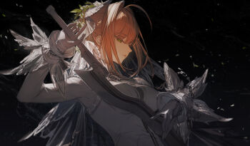 1girl aestus_estus ahoge bridal_veil chain commentary_request fate/grand_order fate_(series) gloves green_eyes hair_intakes highres holding holding_sword holding_weapon kumatangent lock long_sleeves nero_claudius_(bride)_(fate) nero_claudius_(fate) padlock padlocked_collar parted_lips solo sword upper_body veil weapon white_veil zipper