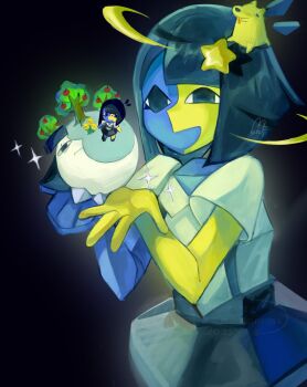 Rule 34 | 3girls, black eyes, black hair, blue skin, blunt bangs, chibi, colored skin, cubism, ena (ena), ena (series), ena (species), ena (web series), floating head, hair ornament, happy ena, highres, hourglass dog, low poly, mini person, minigirl, moon, moony (ena), multicolored skin, multiple girls, open mouth, shirt, short sleeves, simple background, skirt, smile, split-color skin, star (symbol), star hair ornament, suspender skirt, suspenders, tree, two-tone skin, usagimarumei, yellow skin