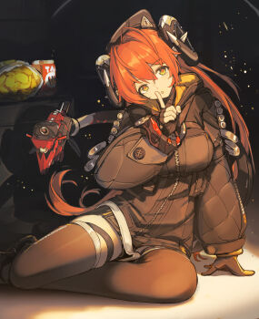 1girl 1other absurdres ammunition ammunition_pouch asymmetrical_gloves black_background black_hat black_horns black_jacket chips_(food) dragon_girl dragon_horns dress drink finger_to_mouth fingerless_gloves food gloves green_eyes gun hat head_tilt highres horns jacket magus_(zenless_zone_zero) mechanical_horns mechanical_tail mismatched_gloves on_floor open_mouth orange_hair orange_pupils orphie_magnusson pouch shushing single_fingerless_glove sitting soda tail thigh_strap thighhighs twintails vespark weapon yellow_gloves zenless_zone_zero zipper_dress