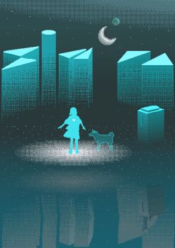 1girl animated animated_gif crescent_moon fish mae_1031 moon original pixel_art reflection reflective_floor shooting_star silhouette solo
