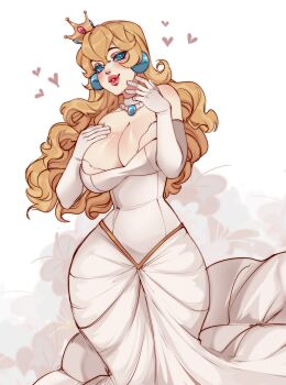 1girl absurdres alternate_costume bare_shoulders blonde_hair blue_eyes blue_gemstone breasts choker cleavage crossed_bangs crown curly_hair dress earrings elbow_gloves gem gloves hair_between_eyes hand_on_own_chest highres jewelry large_breasts light_blush long_dress long_hair mario_(series) mini_crown nintendo parted_lips princess_peach rebthgin red_gemstone ribbon_choker solo white_background white_dress white_gloves